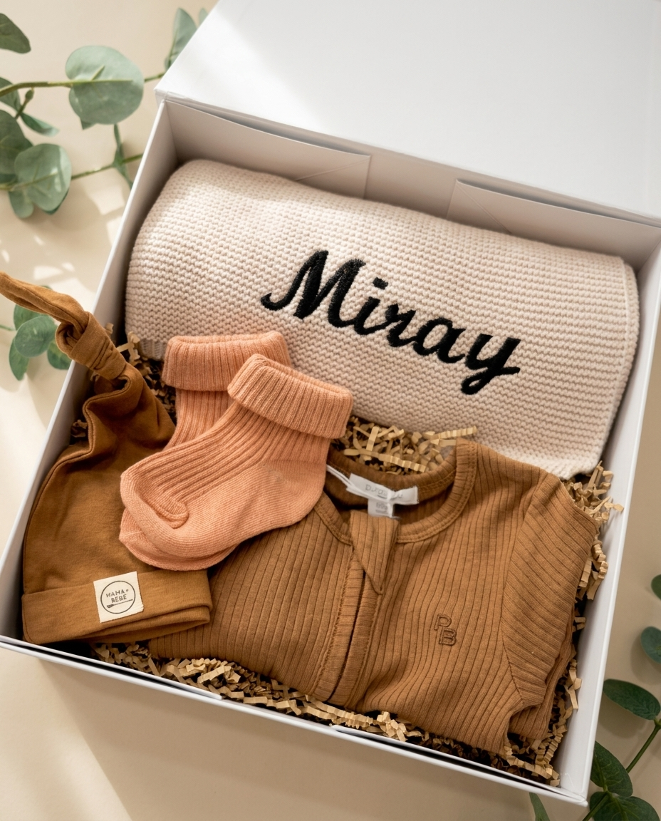Personalised Welcome Baby Gift Box in chocolate brown with custom name Miray knit blanket, brown baby romper and rust beanie – newborn baby gift Australia