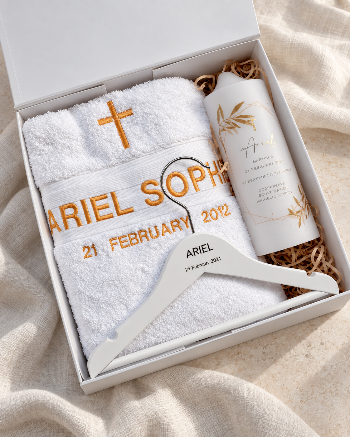 Personalised christening gift box with embroidered towel, baptism candle and coat hanger for George – baptism keepsake set Australia