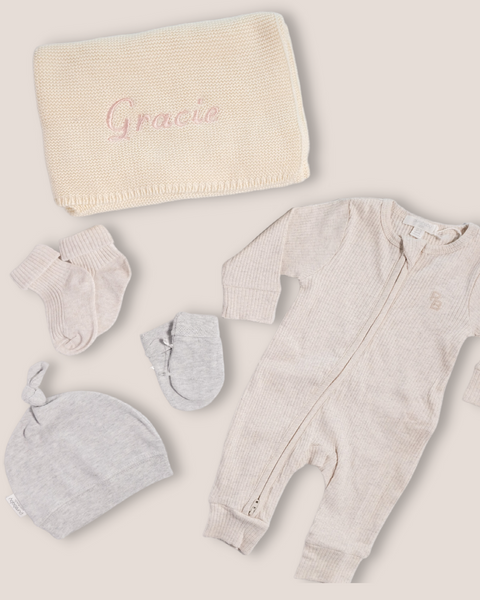 colour:wheat | Flat-lay of personalised wheat welcome baby gift set
