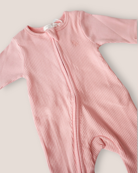 colour:dusty-rose | Close-up of dusty rose pink footed zip baby romper