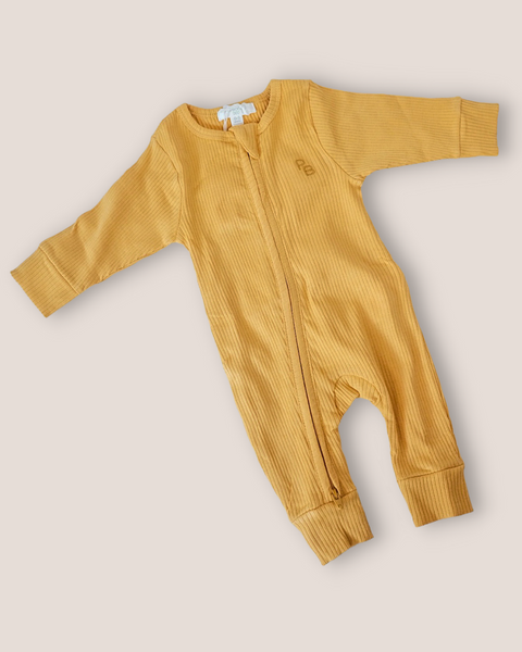 colour:golden | Golden mustard long sleeve zip baby romper