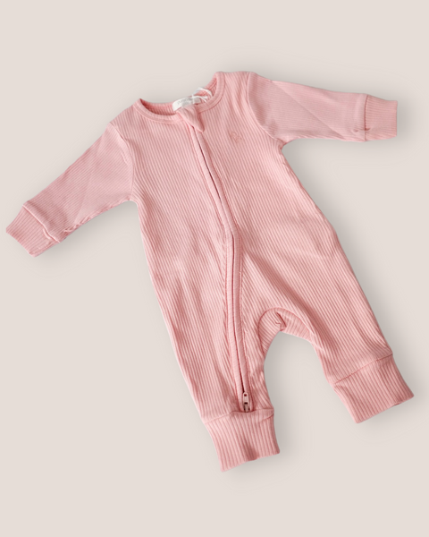 colour:dusty-rose | Dusty rose pink long sleeve zip baby romper