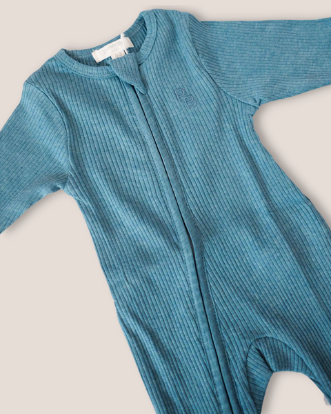 colour:lake-blue | Close-up of lake blue footed zip baby romper