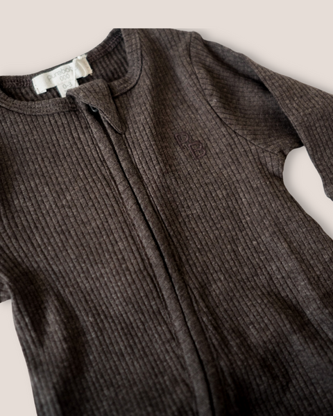 colour:charcoal | Texture detail of charcoal ribbed zip baby romper