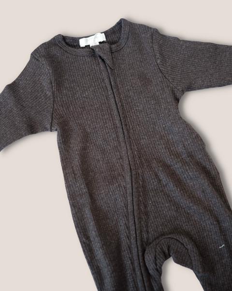 colour:charcoal | Close-up of charcoal footed zip baby romper