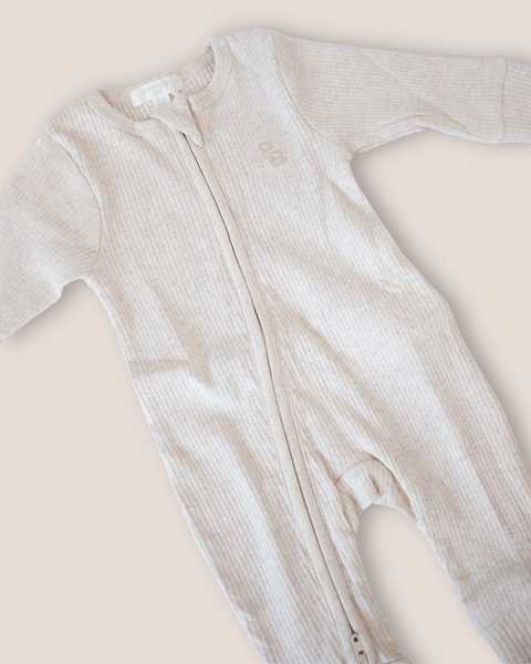 colour:wheat | Close-up of wheat ribbed zip baby romper