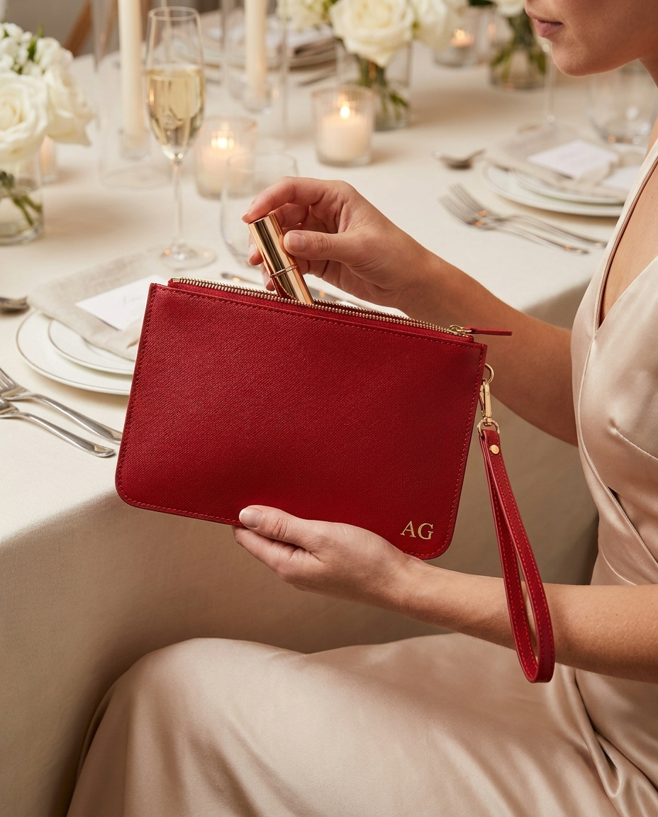 Red monogrammed leather clutch – personalised gift for her