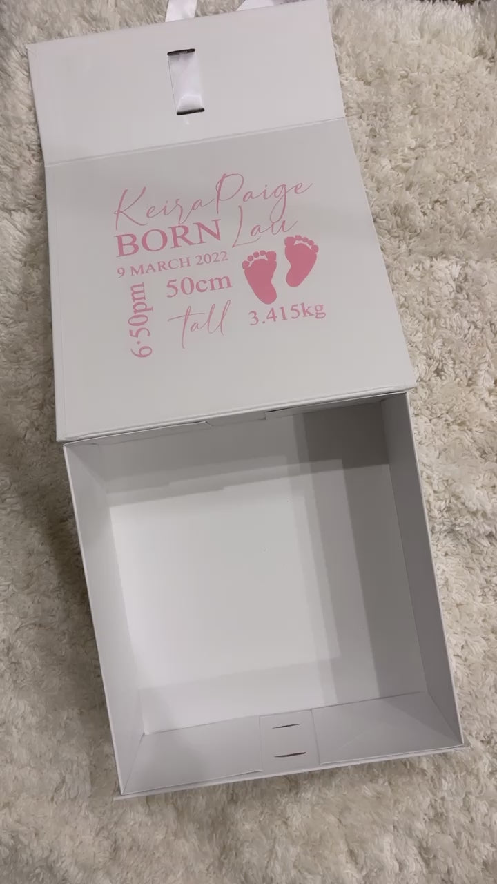 Video showing open personalised baby gift box with birth stats card for Keira Paige – newborn baby keepsake gift Australia