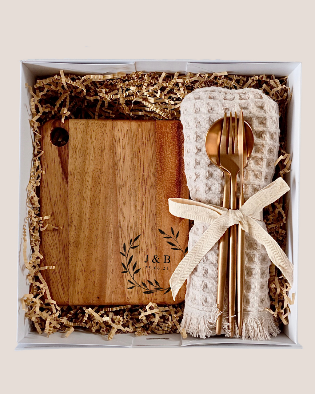 Personalised cheeseboard gift hamper in white box – acacia wood cheeseboard with rose gold cutlery and kitchen towel, housewarming and wedding gift Australia