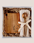 Personalised cheeseboard gift hamper in white box – acacia wood cheeseboard with rose gold cutlery and kitchen towel, housewarming and wedding gift Australia