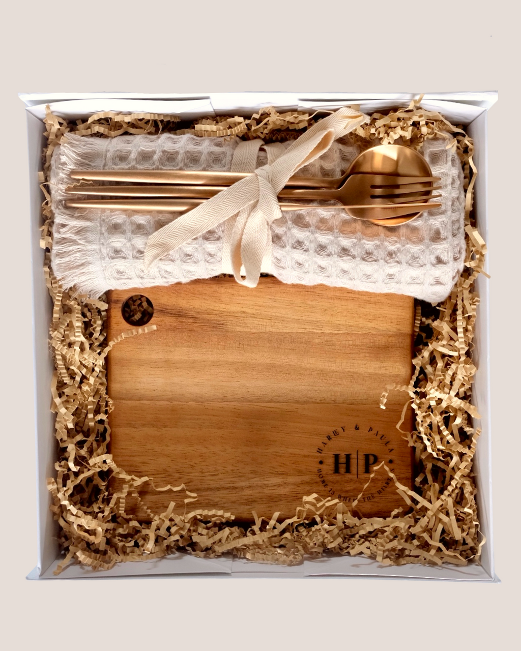 Personalised cheeseboard gift hamper from above – engraved acacia board with HP monogram, rose gold cutlery, housewarming wedding gift Australia