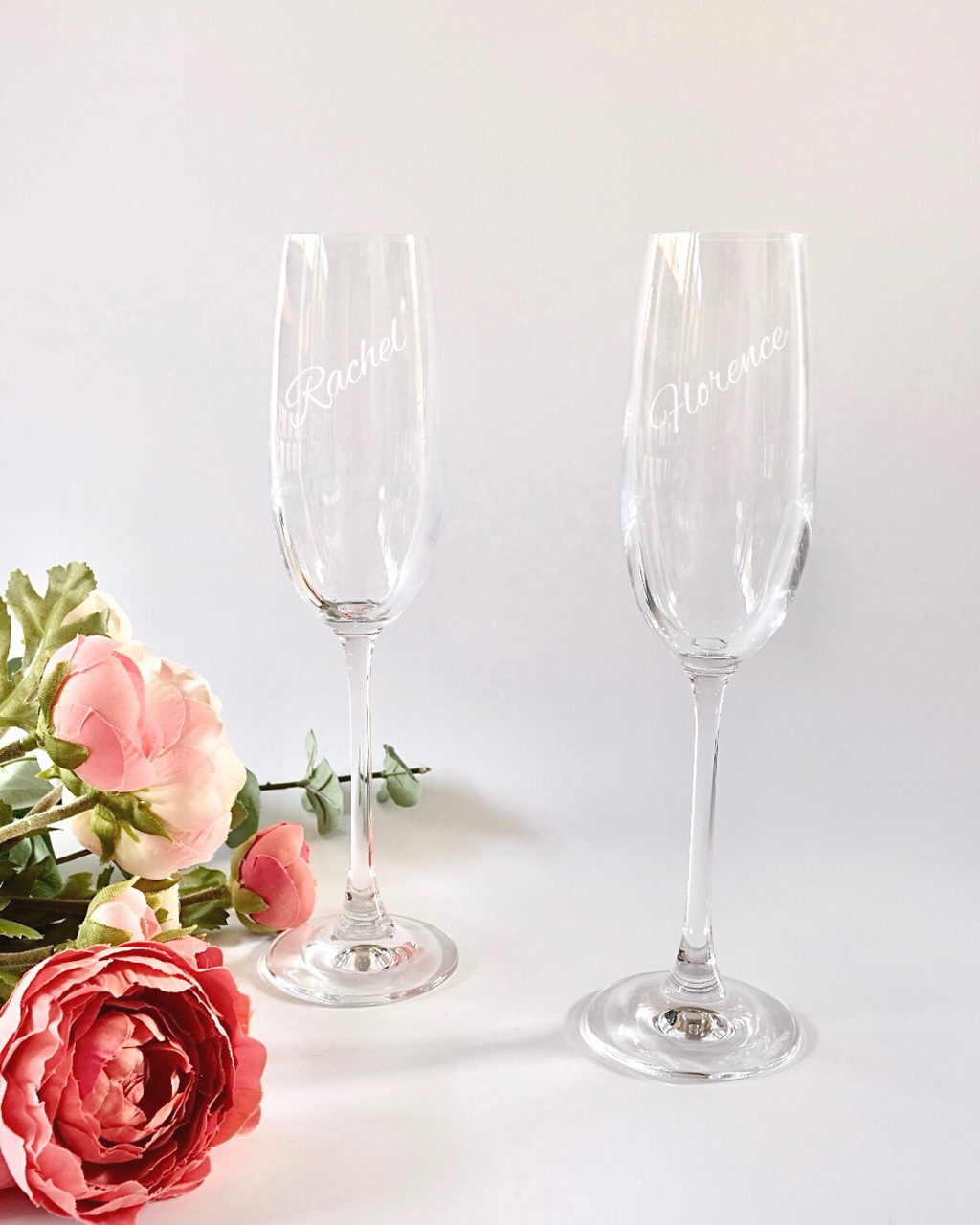 Personalised engraved crystal champagne flutes with names Rachel and Christine – bridesmaid proposal or hen's night gift Australia