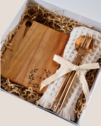 Personalised cheeseboard hamper with J&B wreath engraving, rose gold cutlery and kitchen towel in white gift box – wedding gift Australia