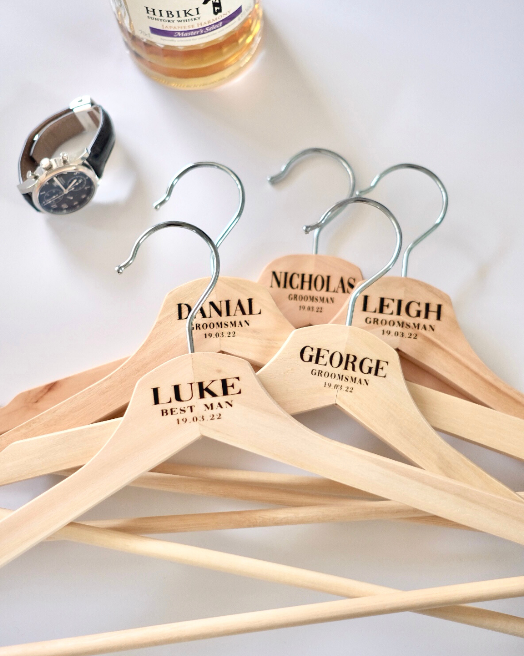 Personalised laser engraved wooden wedding coat hangers with groomsman names Daniel, Nicholas, Leigh, George and Best Man Luke – wedding gift Australia