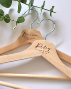 Personalised laser engraved wooden coat hangers for flower girls Brianna and Riley with eucalyptus – wedding party gift Australia