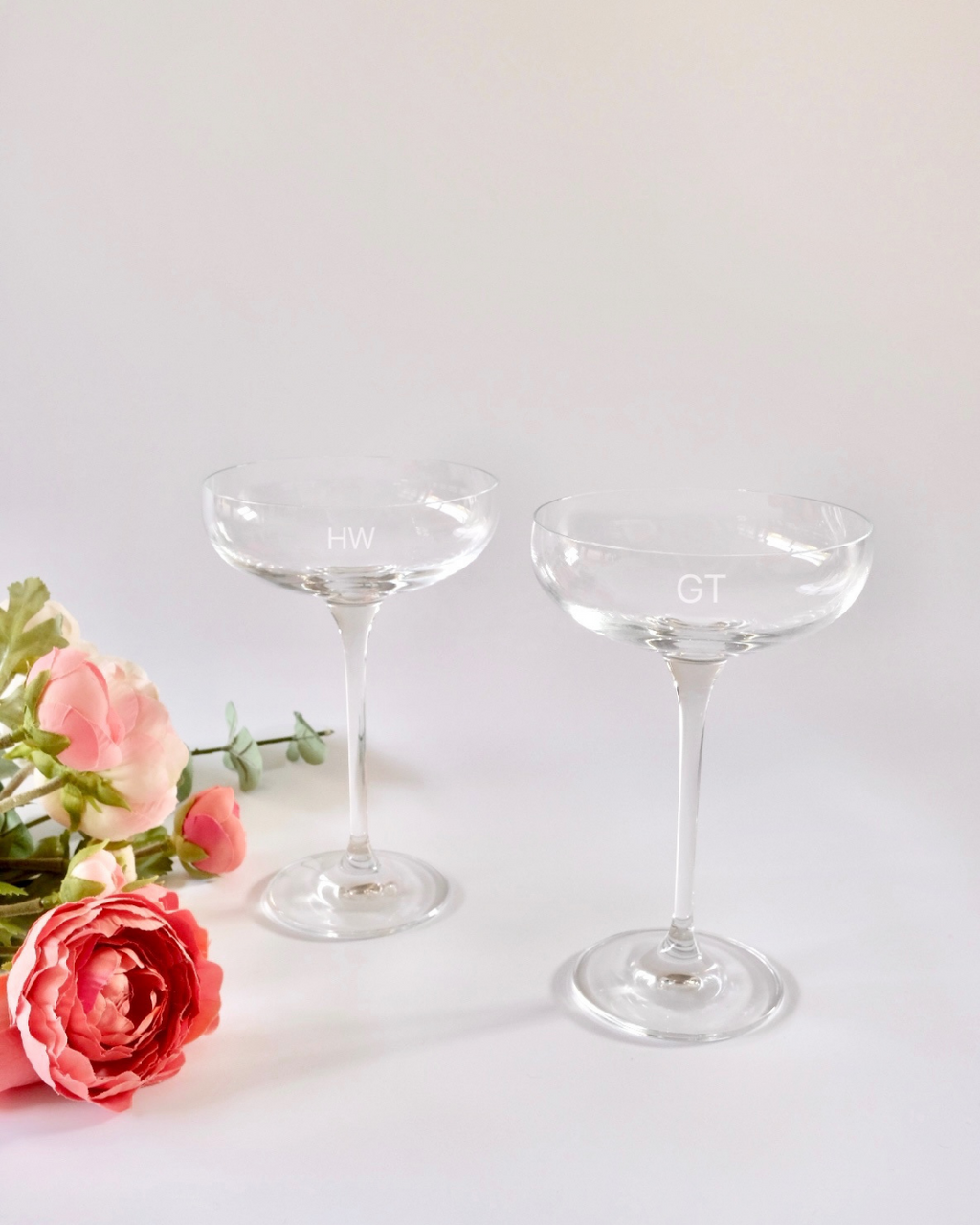 Personalised laser engraved crystal coupe glasses with custom initials hw and GT – wedding bridesmaid or hen's party favour Australia