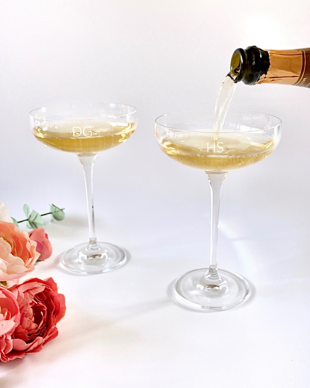Personalised engraved crystal martini coupe glasses with initials DG and HS – wedding and bridesmaid gift set Australia