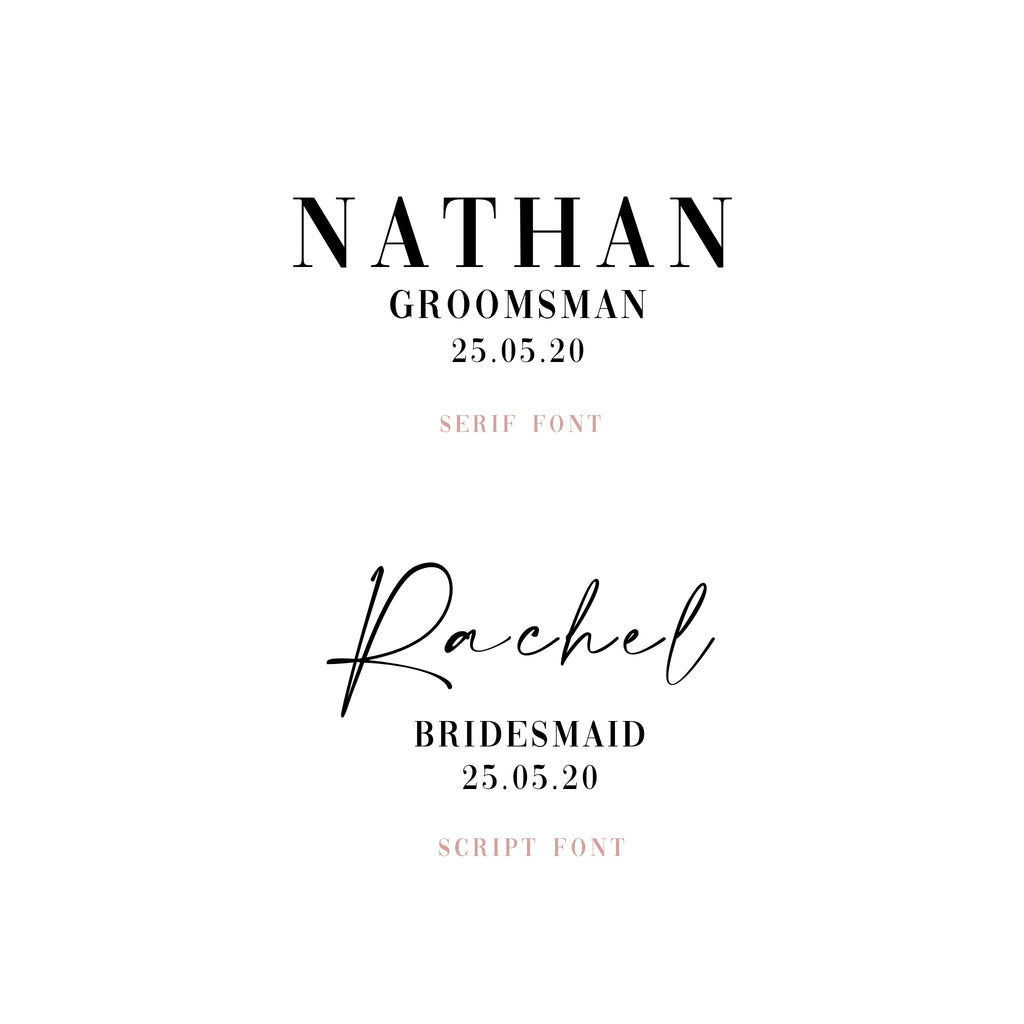 Coat hanger font style options showing Serif font with name Nathan Groomsman and Script font with name Rachel Bridesmaid – personalised wedding hanger Australia