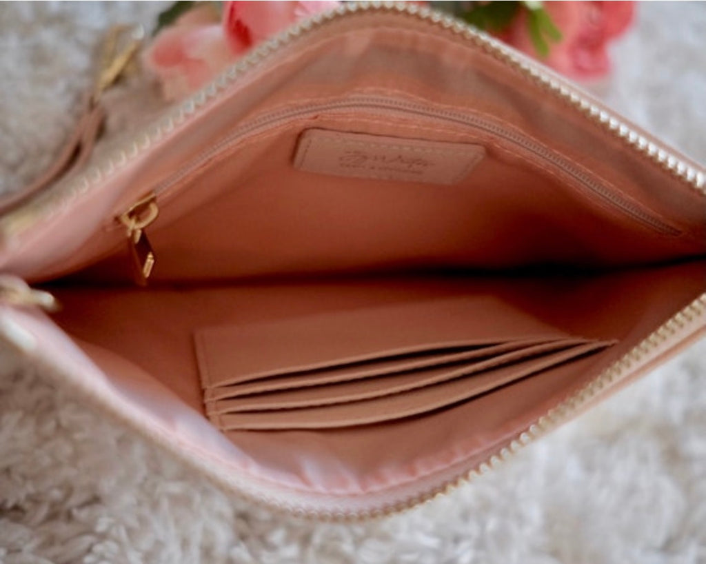 Interior view of personalised leather clutch showing card slots and inner lining – bridesmaid gift purse Australia