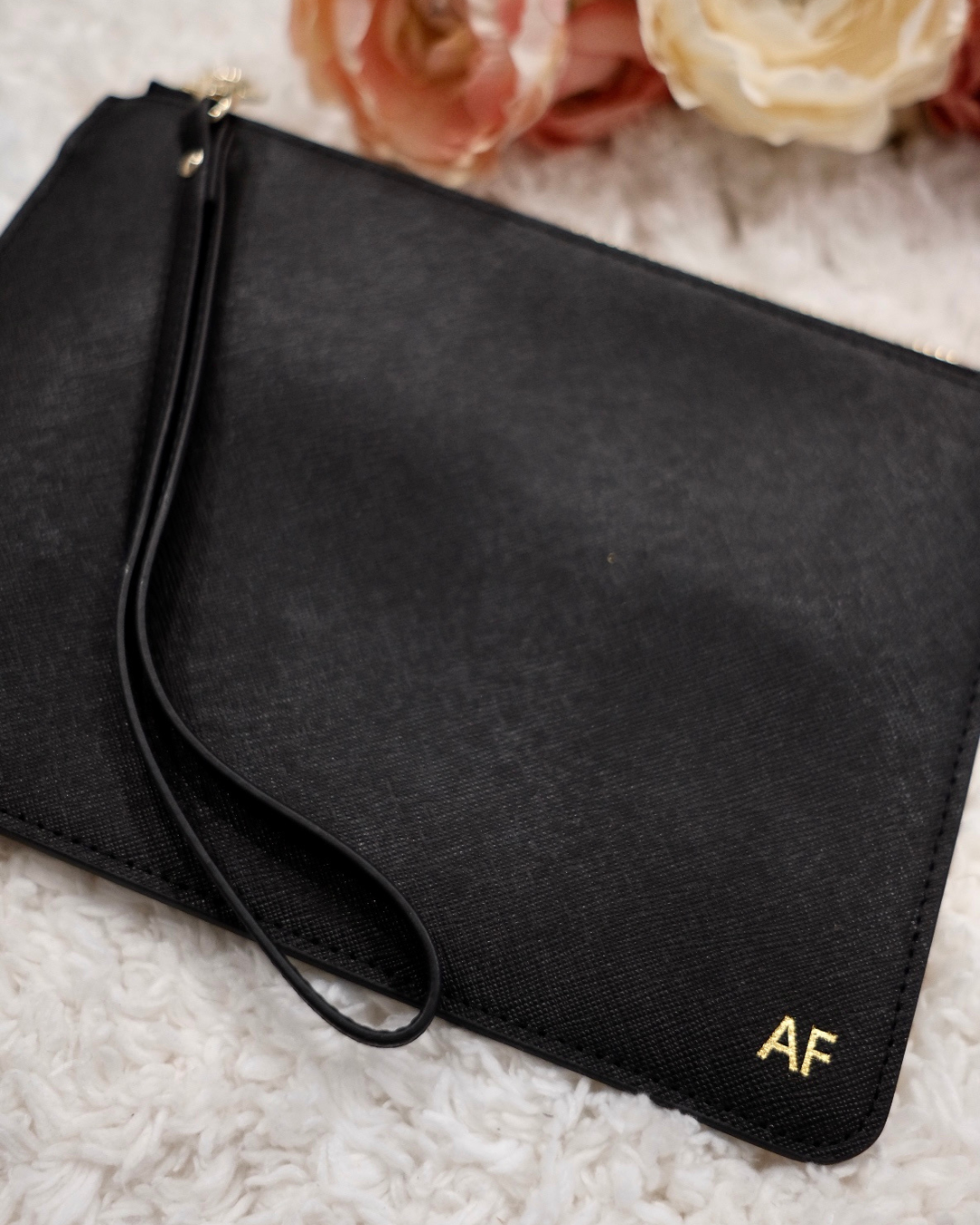 Black personalised monogrammed leather clutch with gold AF initials – bridesmaid and bridal party gift bag Australia