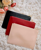 Personalised monogrammed leather clutch purse in black, red, and pink – bridesmaid and bridal party gift Australia with initials