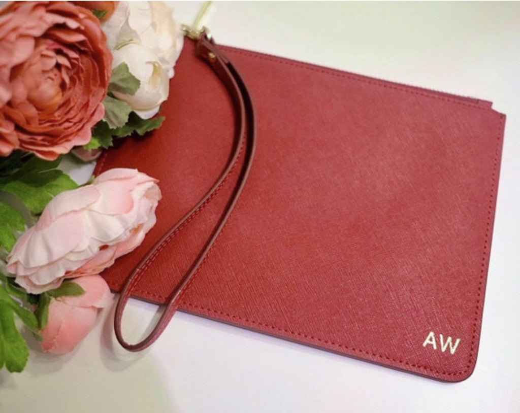 Red personalised monogrammed leather clutch with AW initials engraving – bridesmaid gift Australia with custom initials